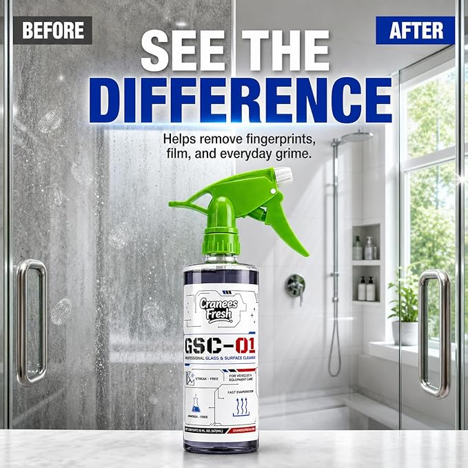 Glass & Surface Cleaner Spray, Streak-Free, Ammonia-Free, Tint Safe, Made in USA Car, Home, Shower Glass, Mirror & Multi-Surface Cleaner with Leak-Resistant Sprayer (16oz)