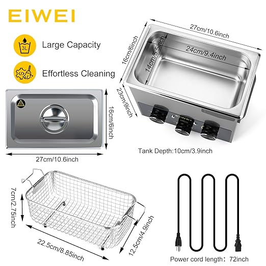 3L Ultrasonic Cleaner Professional Power-Adjustable Knob Jewelry Cleaning Machine with Heater Timer for Carburetor, Jewelry, Glasses, Dentures, Circuit Boards, Automotive Parts