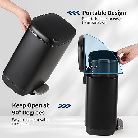 12L Bathroom Trash Can with Lid, Stainless Steel Kitchen Trash Can with Odor-Protective Lid | Hands-Free, with Foot Pedal and Trash Bag Ring, Removable Inner Bin, Suitable for Bathrooms, Black