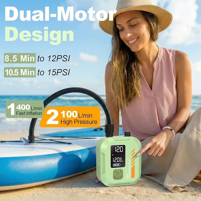 Electric Paddle Board Pump Portable, 22 PSI Rechargeable Electric SUP Air Pump, Intelligent Dual Stage Inflation & Deflation, Auto-Off, for Paddle Boards, Kayak, Kite, Tent