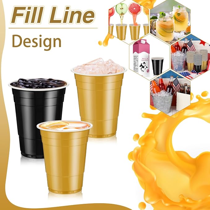 Lounsweer 100 Pcs 16 oz Disposable Party Cups Plastic Heavy Duty Drinking Water Cups for Birthday Baby Shower Wedding BBQ Picnic Party Supplies(Black, Gold)