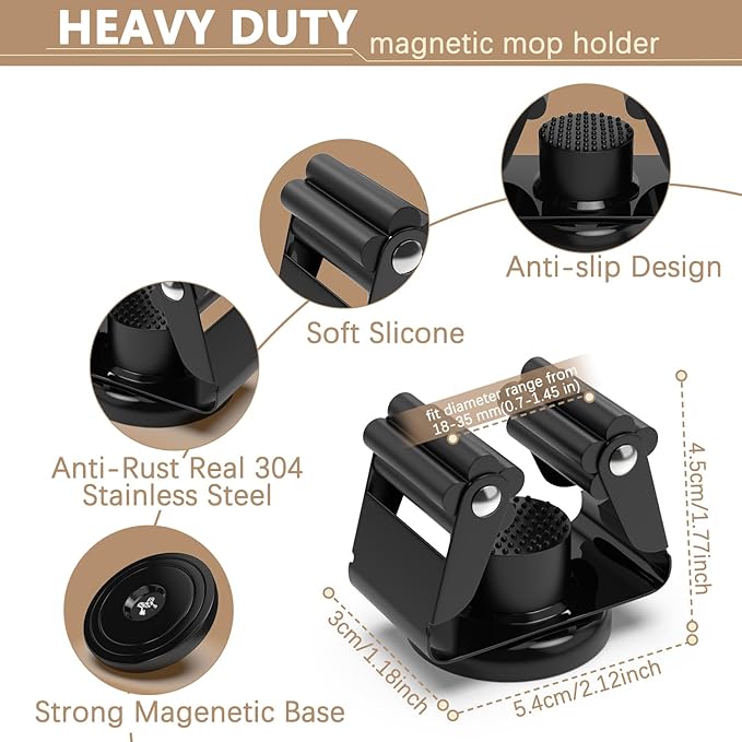 3-H Magnetic Broom Holder 4 Piece, 304 Stainless Steel Broom Holder Wall Mount, No Drilling Magnetic Tool Holder with 2 Mini Magnetic Hooks for Garage Garden Laundry Kitchen, Black