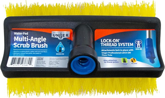 Unger Professional HydroPower Lock-On 10” Bi-Level Scrub Brush, Cleaning Supplies, Scrubber Tool, Compatible with Waterflow Poles, Use in Garage, Driveway, Deck, Concrete, Cement, and Brick