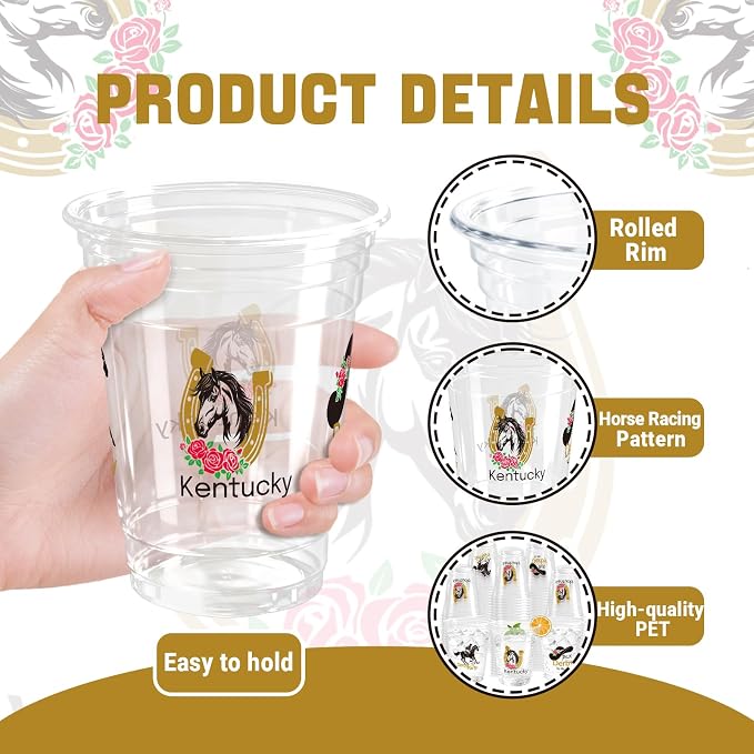 100 Pack Horse Plastic Cups 12 oz Horse Racing Disposable Clear Party Favor Drinking Cold Beverage Cup for Party Supplies Decorations