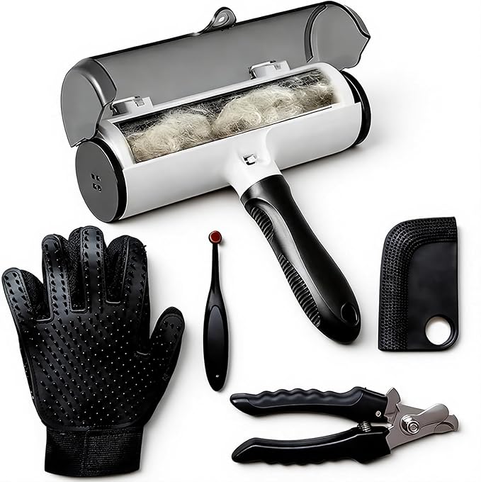 Pet Hair Remover Roller 5-Piece Grooming Kit for Dogs & Cats, Reusable Fur Remover for Couch, Carpet, Clothes, Grooming Glove, Lint Roller, Nail Clipper & Cleaning Brush | 5-PIECE PET CLEANING KIT: Reusable hair roller, grooming glove, lint roller, nai...