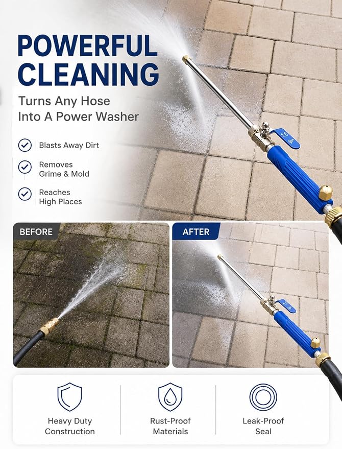 Hydro Jet High Pressure Power Washer Wand for Car Washing or Garden Cleaning, Heavy Duty Metal Watering Sprayer with Universal Hose End, Hydrojet Water Power Nozzle, Fan and Jet Stream