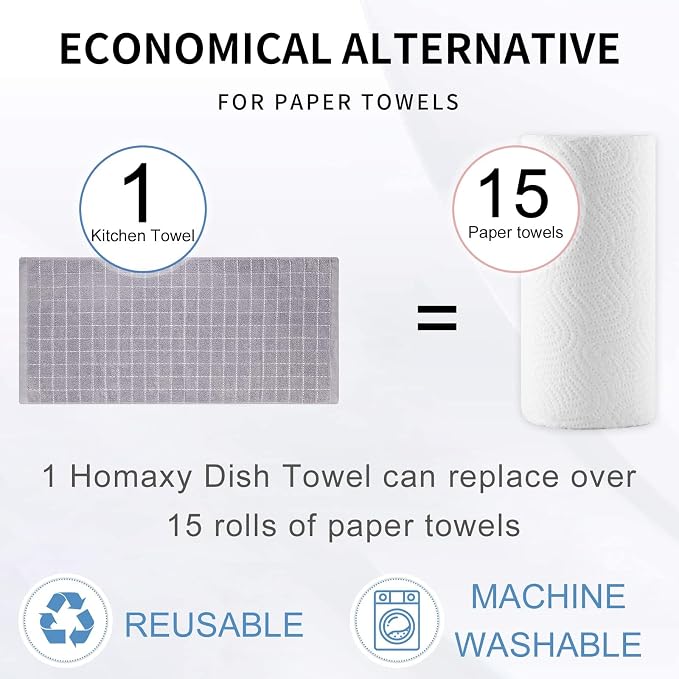 Homaxy Kitchen Towels and Dishcloths Set, 12 x 12 and 13 x 28 Inches, Set of 10 Bulk Cotton Terry Kitchen Towels Set, Checkered Designed, Soft and Super Absorbent Dish Towels, Light Grey