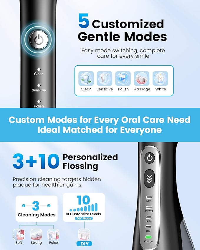 JTF Electric Toothbrush with Water Flosser Combo: 2-in-1 Portable Oral Clean Kit for Effective Yet Gentle Brushing & Flossing, Multiple Modes for Braces & Sensitive Gums Care, Cordless for Home Travel