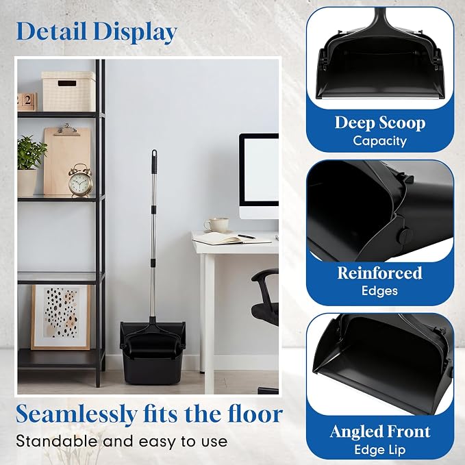 Maxcheck 2 Pcs 37 Inch Lobby Dust Pan Bulk Upright Lobby Dust Pan Plastic Commercial Dustpan with Long Handle Upright Standing Dustpan Heavy Duty for Office Home Indoor Outdoor Use (Black)