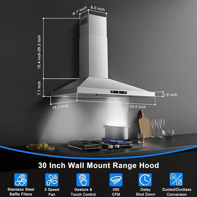 Wall Mount Range Hood 30 inch, Ducted/Ductless Range Hood with Gesture Sensing & Touch Control, Kitchen Hood 30 inch 450CFM, Vent Hood w/Stainless Steel Baffle Filters, 3 Speed Fan