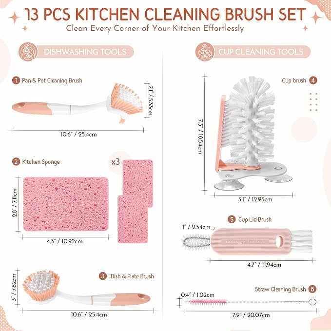 10 Pack Dish Brush Set for Household Use Kitchen Scrub Brushes with Non-Slip Long Handle Multi-Purpose Cleaning Brushes for Dishes Pot Pan Kitchen Sink Tub Cup Clothes Shoes Floor (Pink)