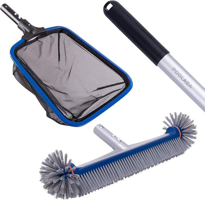 POOLAZA 17.5" Round Ends Pool Brush & Fine Mesh Pool Net Skimmer & Pole