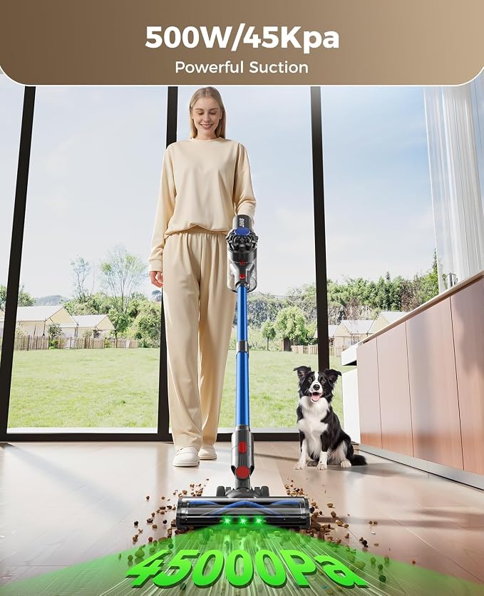 Cordless Vacuum Cleaner, 500W 45KPA Vacuum Cleaners for Home, 45Mins Lightweight Stick Vac with Anti-Tangle Brush, LED Display, Rechargeable Battery for Home, Carpets, Pet Hair, Hardwood Floors
