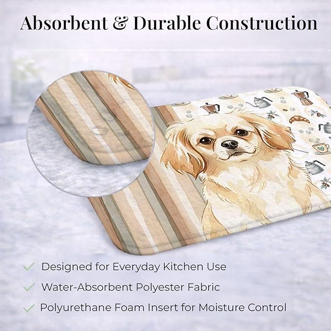 Caroline's Treasures Cream Tibetan Spaniel Coffee Bar Dish Drying Mat Absorbent Dish Drying Mat Pad for Kitchen Counter Dish Drainer Mat for Countertop, 14 x 21", Multicolor