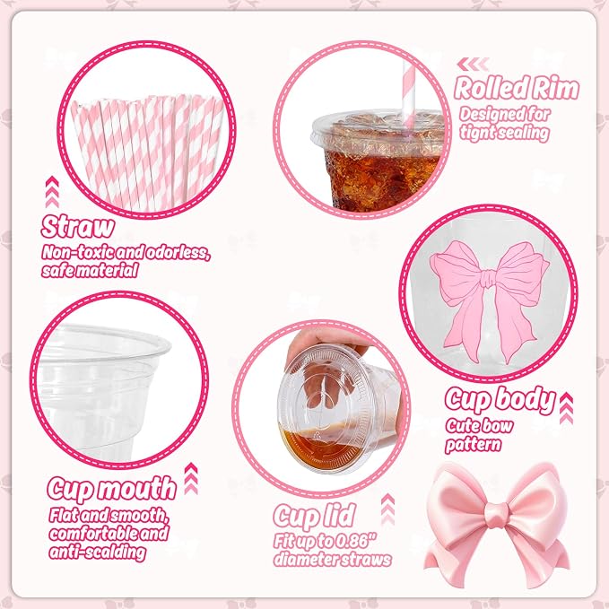 Whaline 50 Pcs Pink Bow Disposable Plastic Cups with Lids and Straws 12 Oz Coquette Ribbon Bow Cold Beverage Drinking Cups for Wedding Birthday Baby Shower Party Supplies