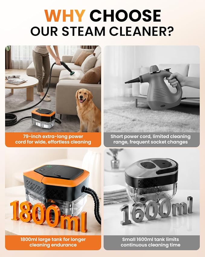 Steam Cleaner for Home & Car – Handheld Steamer for Cleaning with 2500W High Temperature, 3 Modes, 12 Accessories & 1.8L Large Tank, Portable Steam Cleaner for Couch, Grease, Kitchen, Bathroom, Car