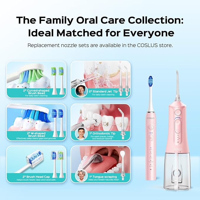 COSLUS C51C30 Electric Toothbrush with Water Flosser Combo: Portable Oral Clean Kit for Teeth Brushing & Flossing, Multiple Modes for Multiple Users, Cordless for Home & Travel Use, Pink