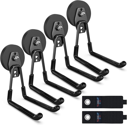3-H Extra Strong Magnetic Hooks,Heavy Duty Large Anti-Slip Magnet Hooks U Shape,No-Drill Tool Holder for Garage,Power Drill,Garden Tools,Hose Storage,4 Pack Black