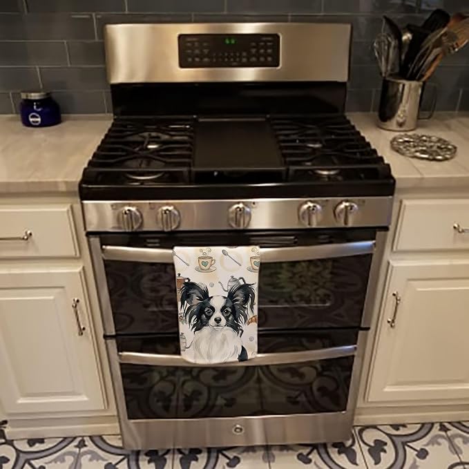 Caroline's Treasures Black and White Papillon Coffee Bar Kitchen Towel Velour Plush Front and Cotton Loop Back Machine Washable