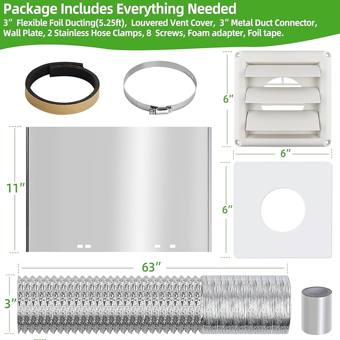 Dryer Vent Kit Through Wall with Hose/Duct Connector/Wall Plate,3 Inch Dryer Vent Hose Connector Ducting Kit for Bathroom Exhaust Fan Ventilation,Ceiling Washer Air Circulation