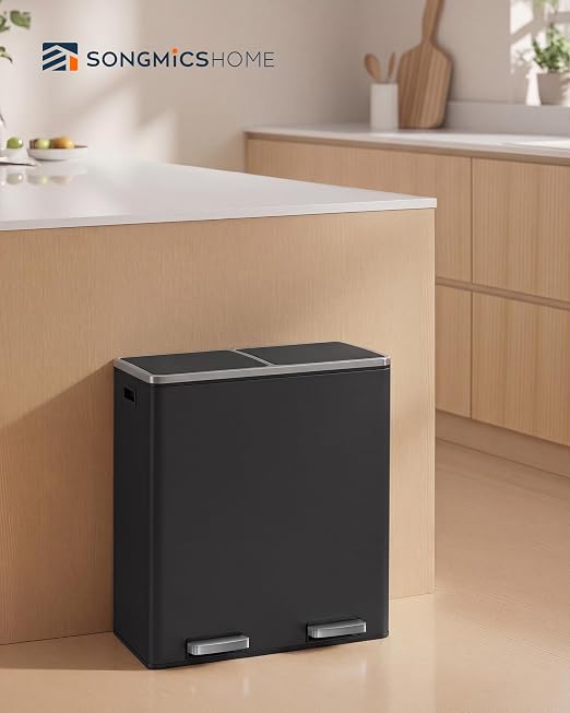 SONGMICS HOME Trash Can with 2 Compartments for Kitchen, Garbage Can with 15 Trash Bags, Black