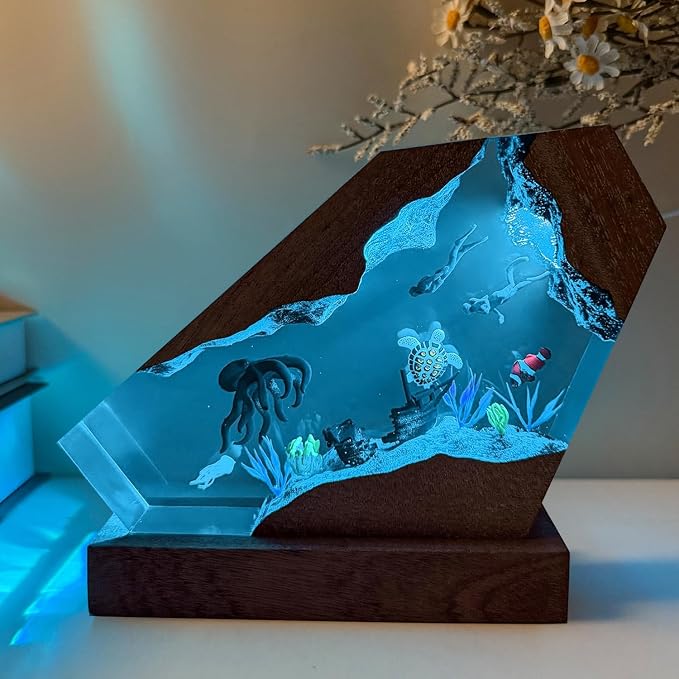 Octopus Ocean Resin Lamp, Handmade Wooden Table Resin Night Light, USB Port Art Ornaments for Home Office Decor, Scuba Diver Gifts for Birthday Holiday, Valentine's Day Gifts for Husband