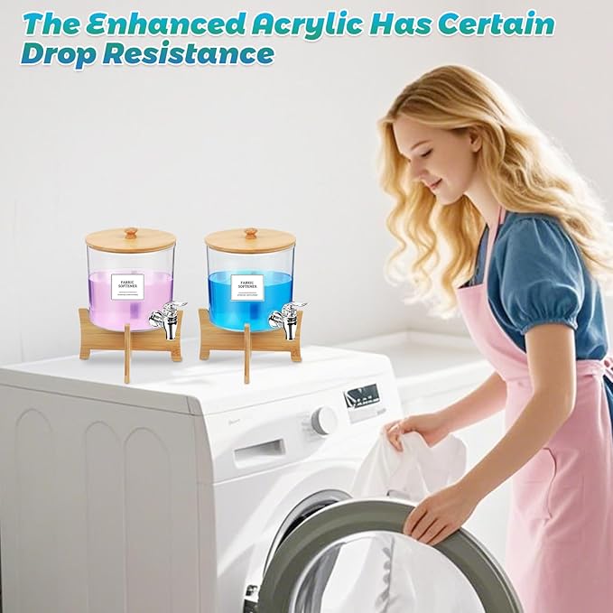 Laundry Detergent Dispenser*2 with Shelf & Bamboo Lid for Liquid Detergent, Laundry Soap Scent Booster & Fabric Softener Dispenser for Laundry Room Organization and Storage with 2 Cups & 20 Labels