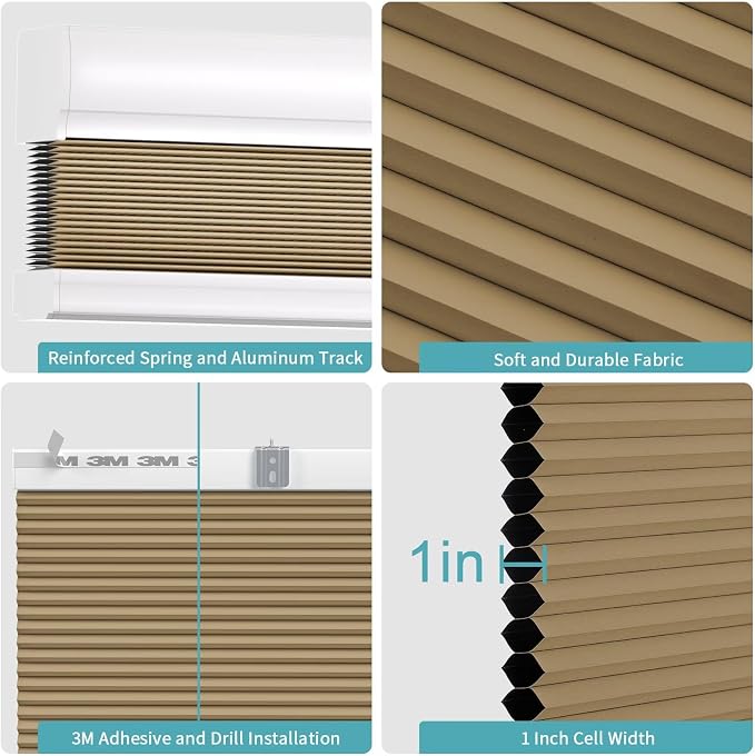 MYshade Custom Size Cellular Blinds for Indoor Windows Cordless Blackout Honeycomb Shades, No Tools, No Drill, Thermal Insulated, Noise Reduction, Room Darkening Window Blinds for Home, Light Brown