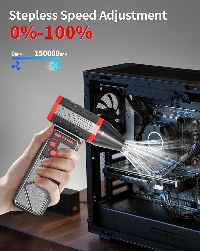 Electric Compressed Air Duster, 150000RPM Cordless Air Blower with 8000mAh Rechargeable Battery, Stepless Speed, Adjustable 90° Nozzle, LED Light for PC Cleaning, Keyboard, Car Interior, Home