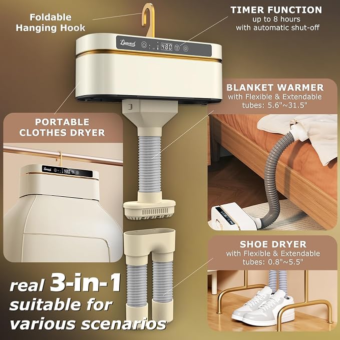 Portable Clothes Dryer - Mini Portable Dryer Machine for Laundry Apartments and Travelling, Hotel Room, 3in1 Beige