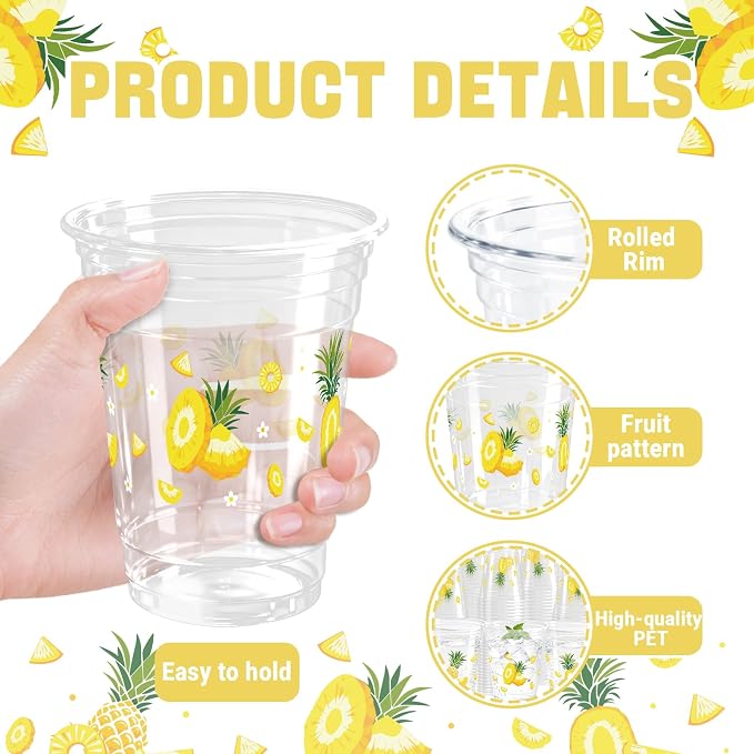 100 Pack Pineapple Plastic Cups 12 oz Pink Yellow Fruit Disposable Cup Clear Pineapple Summer Spring Party Favor Drinking Cold Beverage Cup for Tropical Party Supplies