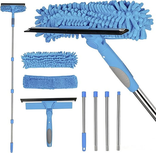 Window Squeegee Cleaner Kit - 2-in-1 Rotatable Window Cleaning Tool with Extension Pole, Professional Streak-Free Squeegee with Bendable Head for Indoor/Outdoor Windows & Car Glass (Blue, 38.45FT)
