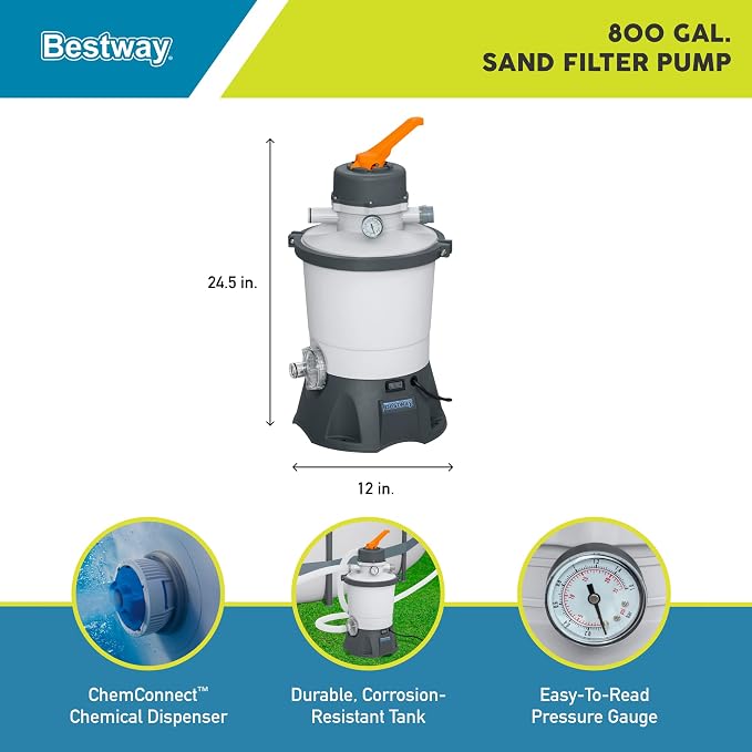 Bestway 58516E Flowclear 800 Gallon Sand Filter Pool Pump for Above Ground 300 to 4,800 Gallon Swimming Pools, (Sand Sold Separately)