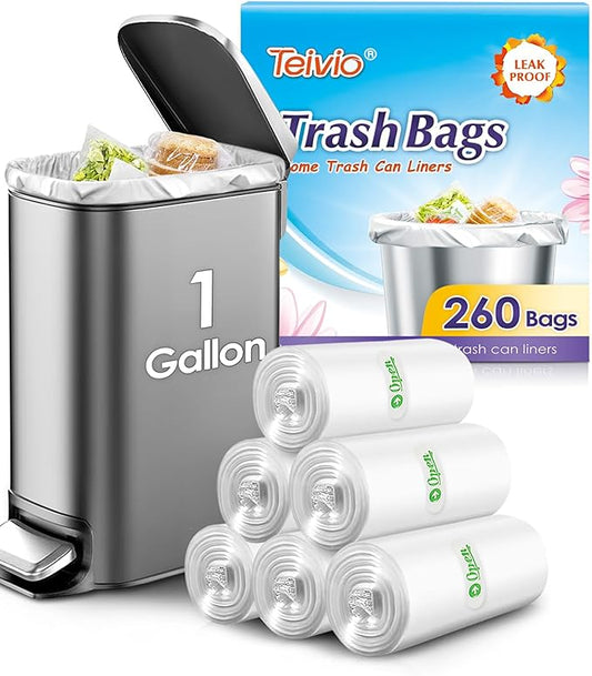 Teivio 1 Gallon 260 Counts Strong Clear Trash Bags Garbage Bags,Mini Waste Basket Liners,Tiny Bathroom Trash Can Bin Liners,Small Plastic Bags for Home Office Kitchen Car Bedroom Dog waste Baby Diaper