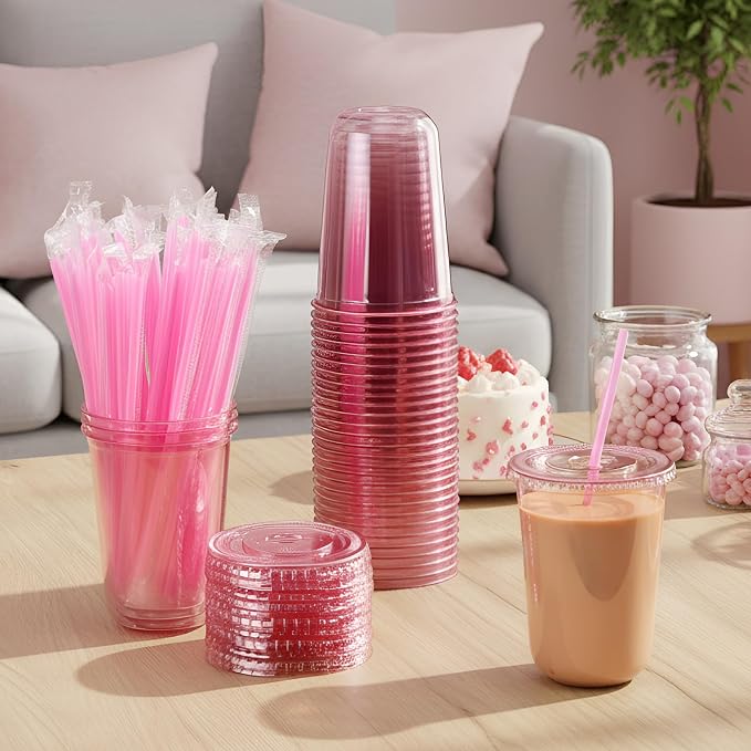 Ziliny 50 Sets Clear Round Bottom Plastic Cups with Lids and Straws, Cute Disposable Drinking Coffee Cups, for Christmas Valentine's Galentine's Day Party Wedding Birthday Supplies (16oz,Pink)