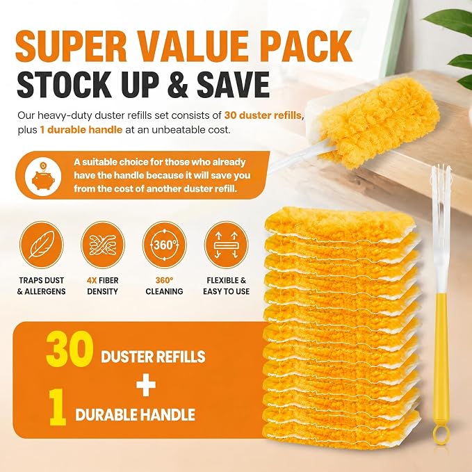 30 Count Duster Refills Kit fit for Swiffer Duster, 360° Heavy Duty Duster Refills, Disposable Microfiber Duster for Cleaning Home (30 Count Refills+1Handle)