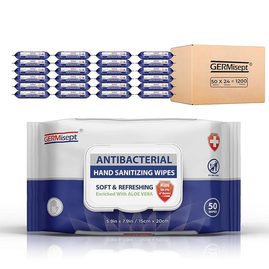 Germisept Antibacterial Hand Sanitizing Wipes Bulk Buy ((50 Count x 24 Pack = 1200 Wipes))
