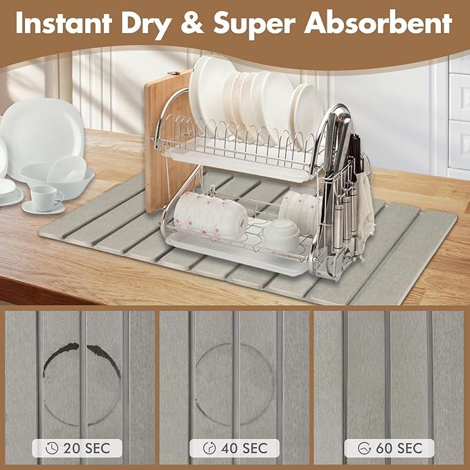 Large Stone Dish Drying Mat for Kitchen Counter, Eco-friendly, Instant Drying Pad,Diatomaceous Earth Water Absorbing Mat, Foldable and Super Absorbent Dish Drying Stone Mat, 24"×16", Warm Gray