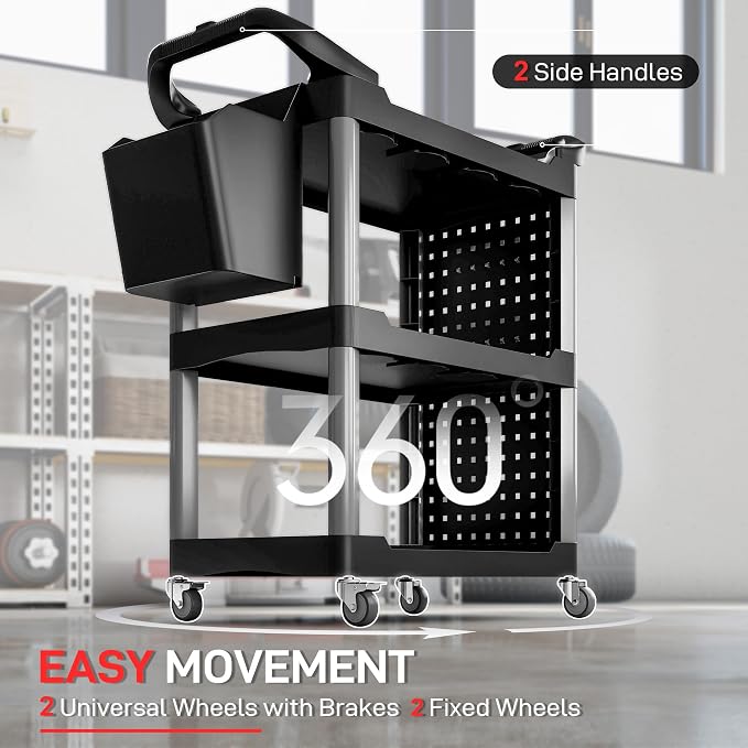 HOMCOM 3 Tier Utility Cart on Wheels, Rolling Tool Storage with Pegboards and Bucket, 200 LBS Load Capacity Plastic Service Cart for Garage, Warehouse, Workshop, Black and Light Gray
