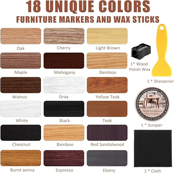 SEISSO Furniture Repair Kit, 18 Colors Touch Up Markers and Wood Filler Sticks with Wood Polish Wax - Furniture Touch Up Kit Cover Up Scratches, Stains, Holes for Wooden Table, Cabinet, Floors, Door