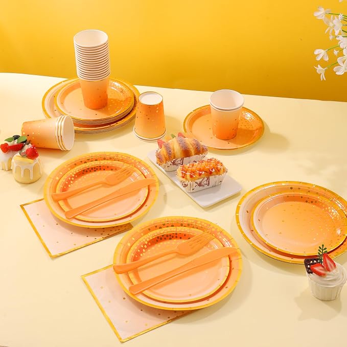 175PCS Orange Party Supplies, Fall Paper Plates and Napkins, Orange Paper Plates for Birthday, Fall Party Decorations, Thanksgiving Day, Serve 25 Guests