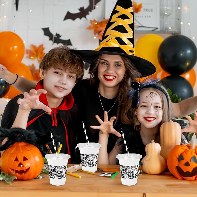 Whaline 50 Pcs 12 Oz Halloween Disposable Plastic Cups with Lids and Straws Black Gothic Sketch Skull Floral Cold Beverage Drinking Cups for Trick or Treat Party Supplies