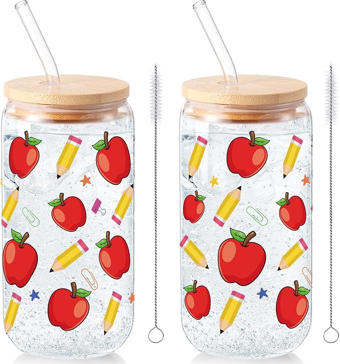 Sliner 2 Pcs Teacher Glass Cups Teacher Appreciation Gifts Iced Coffee Tumbler with Lid Straw End of Year Gifts for Teachers Students, 16 oz Pencil and Apple Drinking Glasses
