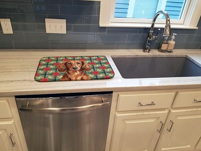 Caroline's Treasures Longhaired Red Dachshund Christmas PoinsettIas Dish Drying Mat Absorbent Dish Drying Mat Pad for Kitchen Counter Dish Drainer Mat for Countertop, 14 x 21", Multicolor