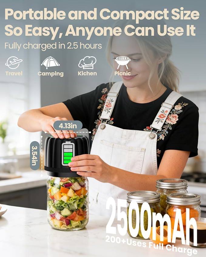 Upgraded Electric Mason Jar Vacuum Sealer Kits for Wide Regular Mouth Jars | -80kPa Vacuum Sealers Auto Canning Sealing Machine with 2500mAh Battery and 10 Lids for Food Storage Reducing Waste - RACAZL