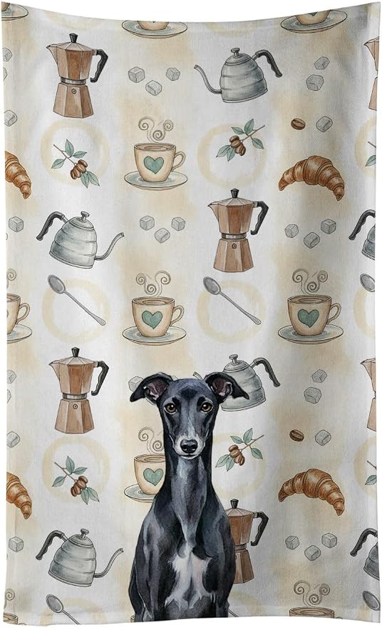 Caroline's Treasures Black Whippet Coffee Bar Kitchen Towel Velour Plush Front and Cotton Loop Back Machine Washable