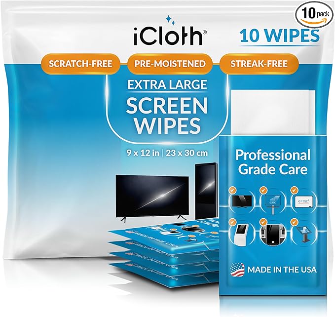 iCloth XL Screen Cleaning Wipes, Lint-Free and Streak-Free, Fast-Drying, Removes Dust, Fingerprints, and Smudges (10 XL Wipes)