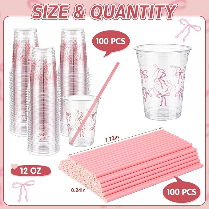 Qinyoung 100 Pcs 12 oz Pink Bow Plastic Cups with Paper Straws Pink Bowknot Cute Coquette Disposable Cups Bulk for Birthday Wedding Summer Bridal Engagement Just Wanna Be One Birthday Party Supplies