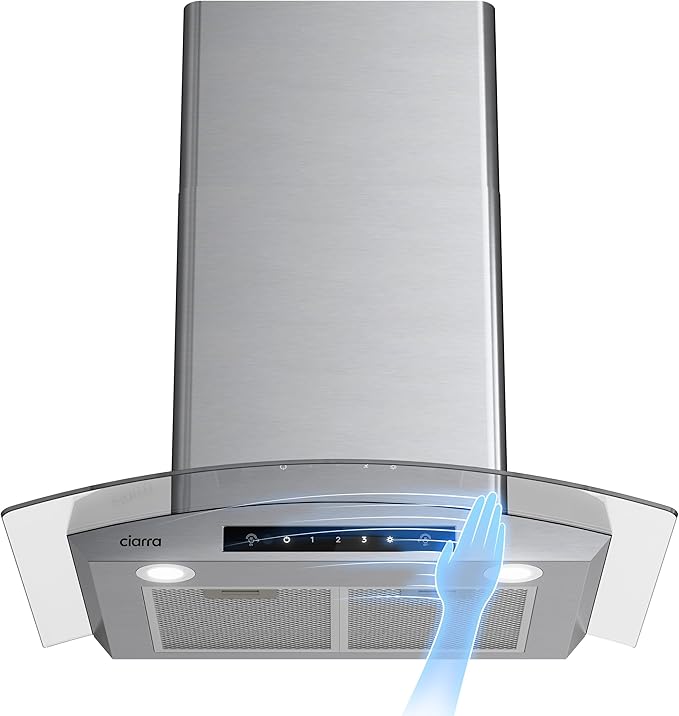 Wall Mount Range Hood 30 inch with Soft Touch Control in Stainless Steel & Tempered Glass, Stove Vent Hood for Kitchen with 3 Speed Fan, Permanent Filters, Ductless Convertible Duct, CIARRA CAS75502