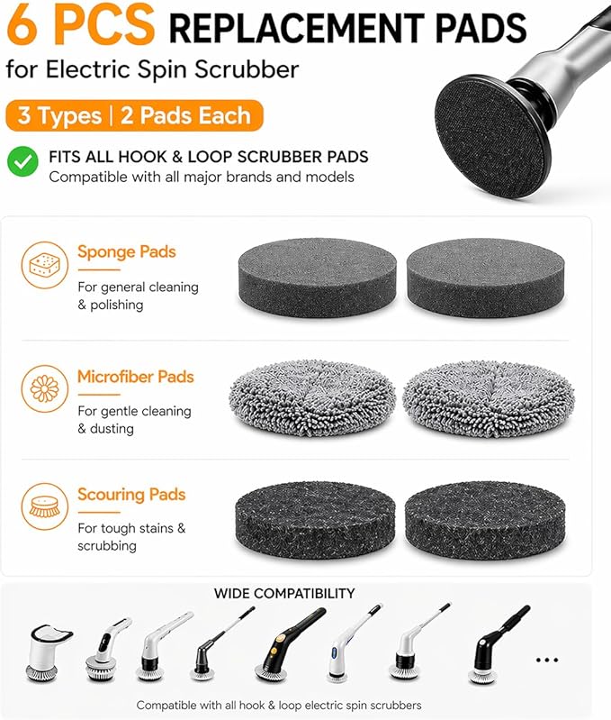 Electric Spin Scrubber,Power Shower Scrubber with 6 Replaceable Brush Heads,120 Mins Runtime Cleaning Brush with Adjustable Extension Arm with 6 Additional Spong scouring Fiber pad